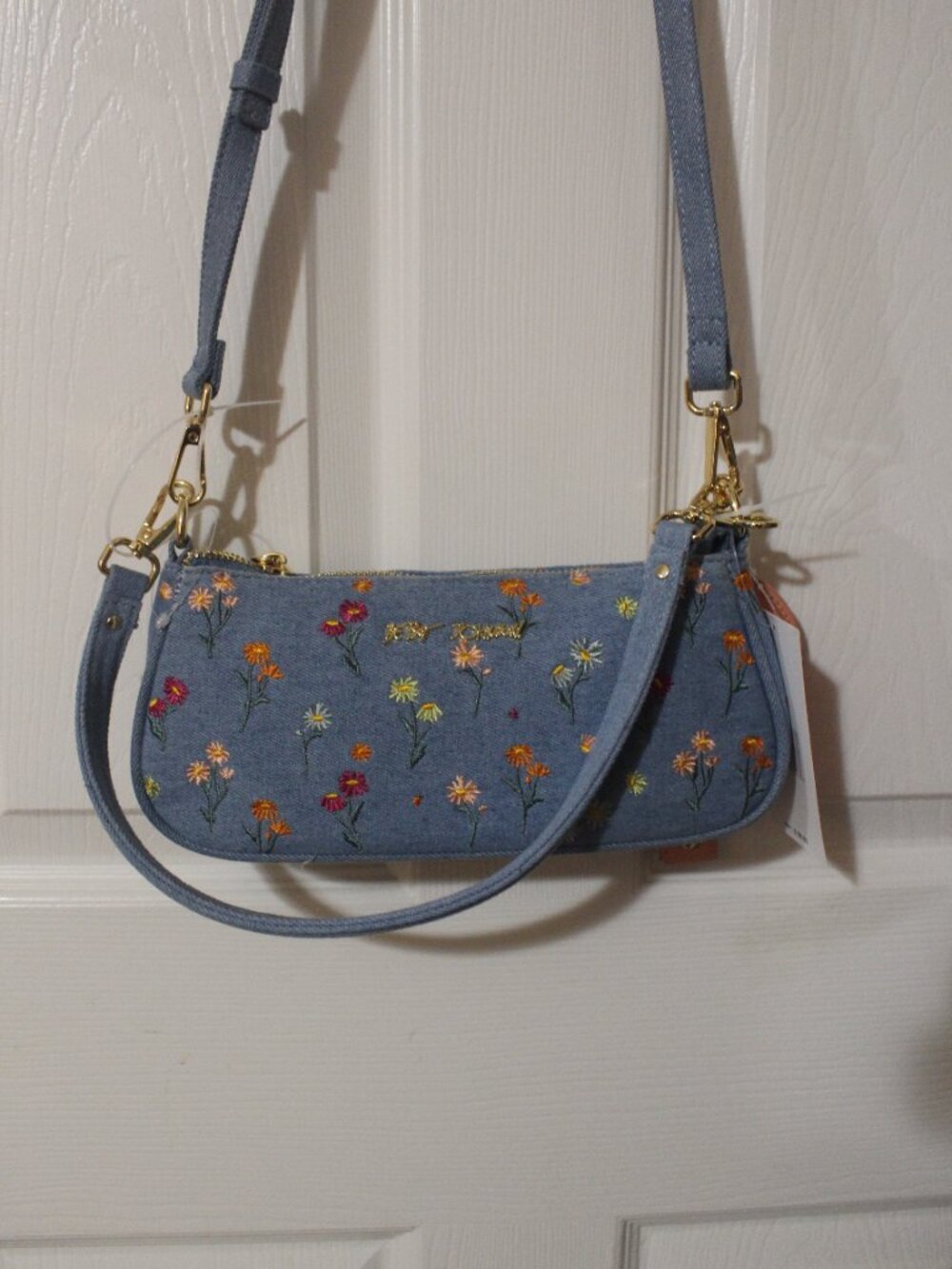 Betsey Johnson Denim Floral Crossbody Bag with Hot Air Balloon Charm - Picture 3 of 3
